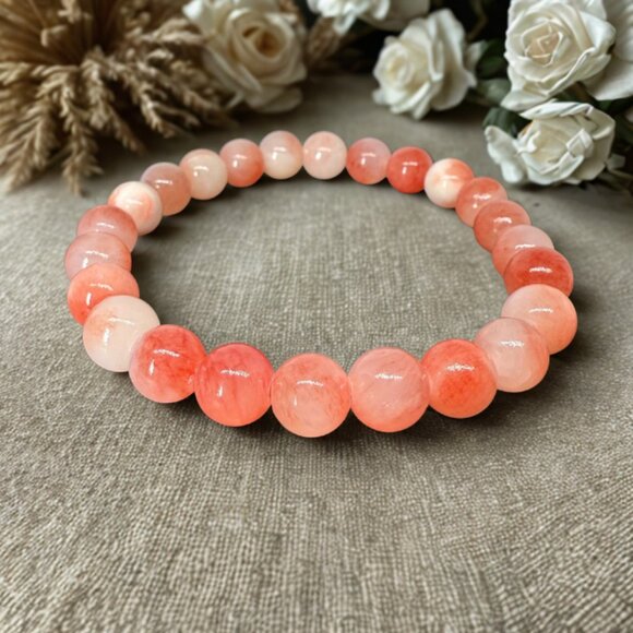 Strawberry Pink Agate Stone Beaded Bracelet 8MM Stretchy Handmade Jewelry - Picture 7 of 12